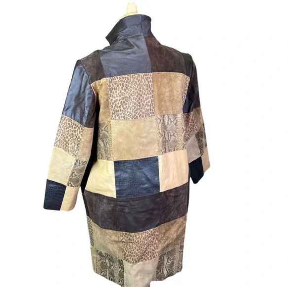Via Accenti Vtg Patchwork Leather Animal Print Coat Brown Tan Sz 16W / 18W Y2K - Picture 5 of 6